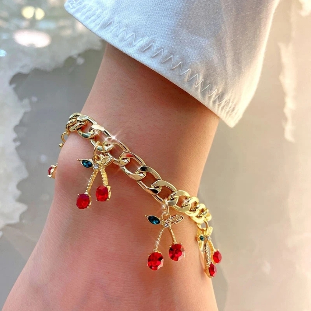 Crystal Red Cherry Pendant Gold Chain Cute Charm Bracelet Accessory